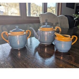 Vintage Japanese Lusterware Tea Set Blue & Peach Iridescent Teapot Sugar Creamer